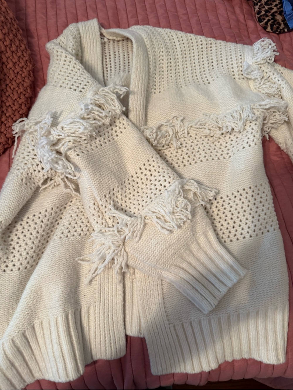 aerie Cream Fringe Open-Front Knit Cardigan
